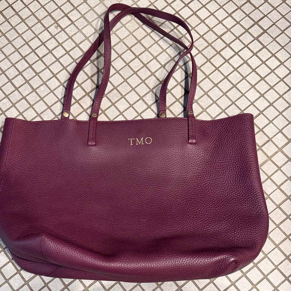 GiGi New York Plum Pebbled Leather Tote with Gold Monogram